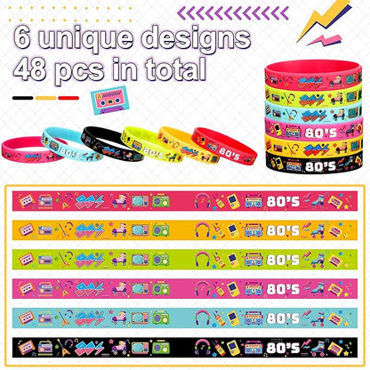 Leitee 48 Pcs 80s Party Favors 1980s Themed Silicone Bracelets 80s Jewelry for Women Men Radio Roller Skate 80s Bracelets Retro Rubber Wristbands for 1980s Party Birthday Music Party Supplies