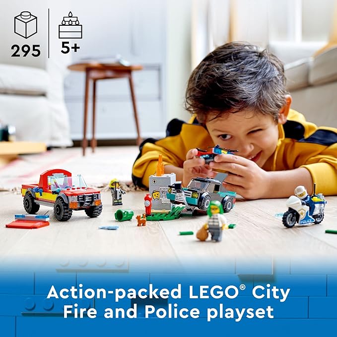 LEGO City Fire Rescue & Police Chase Building Set 60319 - Kid's Fire & Police Build, Featuring 3 Minifigures, Emergency Truck, Patrol Car, Motorcycle Toys, Gifts for Boys and Girls Age 5+ Years Old