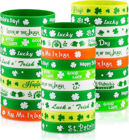 30pcs St. Patrick's Day Rubber Bracelets Silicone Wristbands for St. Patrick's Day Party Favors Supplies Shamrock Rubber Bracelets for kids&teens Gifts Holiday Party Favor Accessories Sets