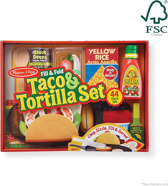 Melissa & Doug Fill & Fold Taco & Tortilla Set, 43 Pieces – Sliceable Wooden Mexican Play Food, Skillet, and More Taco Play Food Set, Pretend Kitchen Toy For Kids Ages 3+ - FSC-Certified
