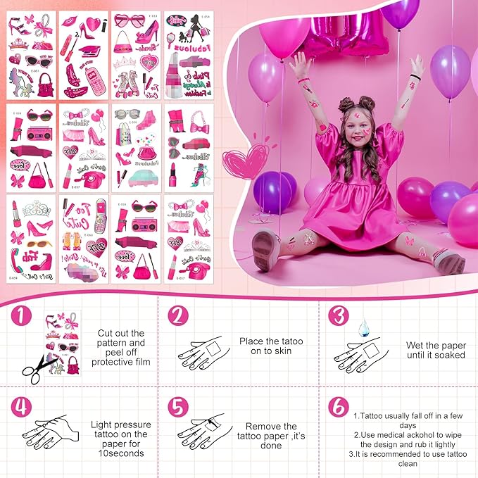 96 Pcs Pink Party Favors Hot Pink Princess Party Gifts Set Include Tattoos, Bracelets, Keychains, Badges, Toy Stamps, Straws, Gifts Bags, Bubble Water for Hot Pink Girls