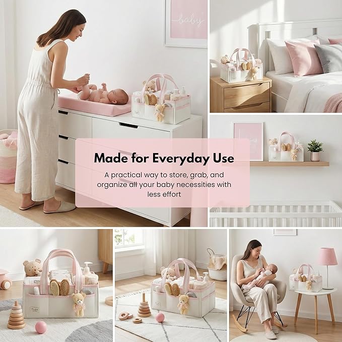 PeraBella Baby Diaper Caddy Organizer, XL Baby Basket Shower Gift Caddy, Portable Felt Changing Table Basket, Nursery Storage Bin, Newborn Boy and Girl Essentials for Registry, Car Diaper Organizer