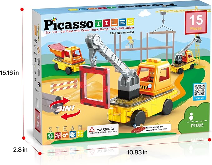 PicassoTiles Magnet Tile Building Blocks 3-in-1 Crane, Dump Truck, and Ladder Construction Vehicle Brick Compatible Magnetic Tiles Toy Set with Car Base Character Action STEM Learning Kit Age 3+ PTU03