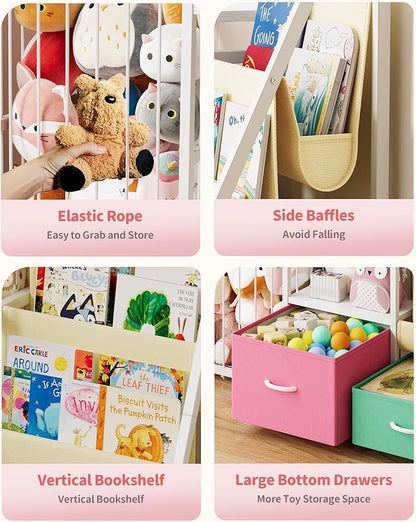 Twinkoo Kids Bookshelf and Toy Storage, Large 3 Tier Book Shelf for Kids Rooms, Sling Baby Bookcase with Stuffed Animal Storage, Toddler Montessori Bookshelf for Nursery, Playroom (Pink+Green)