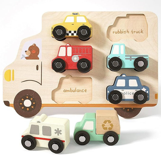 AIGIMU Wooden Toddler Puzzles,Montessori Puzzle for Toddlers 1-3,Montessori Toys for 1 2 3 Years Old Boys Girls Educational Toys with 6 Emergency and City Vehicles,Wooden Toy Cars for Toddler 1-3