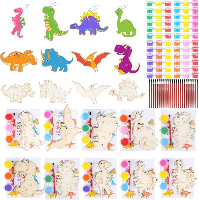 JOTIKO 24 Pack Dinosaur Party Favors Painting Toys Dino Birthday Treat Goodie Bag Stuffers Pinata Fillers Return Gifts Classroom Prizes, Wood Keychain Paint Kits Arts Crafts for Kids Girls Boys