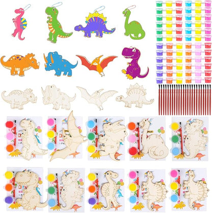 JOTIKO 24 Pack Dinosaur Party Favors Painting Toys Dino Birthday Treat Goodie Bag Stuffers Pinata Fillers Return Gifts Classroom Prizes, Wood Keychain Paint Kits Arts Crafts for Kids Girls Boys