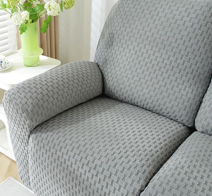 vctops 6 Pieces Jacquard Plush Recliner Loveseat Slipcover Stretch Soft Sofa Couch Cover Anti-Slip Solid Color Furniture Protector with Elastic Bottom for Kids Cats Dogs(Dark Grey,2 Seat)