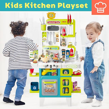 CUTE STONE Kids Kitchen Playset, Play Kitchen for Toddlers, Play Sink with Manual Faucet, Cooking Stove with Steam, Sound and Light, Play Kitchen Accessories, Pretend Toy Kitchen Set for Kids, 40" H
