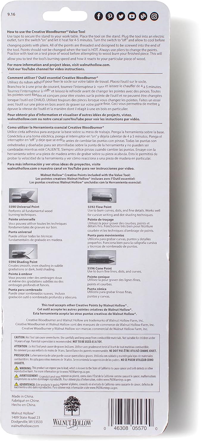 Walnut Hollow Creative Woodburner Introduction Value Tool for Beginner Wood Burning, 4 Points (Tips), Wood Burning Pen