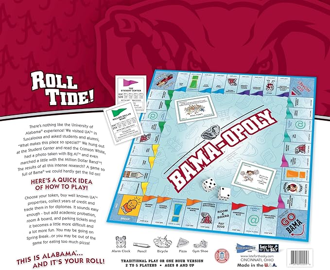Late for the Sky BAMAOPOLY University of Alabama Board Game, Campus Landmarks Edition, 2–6 Players Ages 8+, Family Party Strategy Opoly for Alumni Students Fans