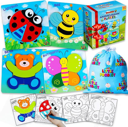 Wooden Puzzles for Toddlers 1-3 Girls & Boys, Sensory Toys, Educational Learning Toys: 4 Puzzles Ages 1-3, Gift Box, Storage Bag, Matching Coloring Book, Animals Puzzle for Toddlers Set of 4