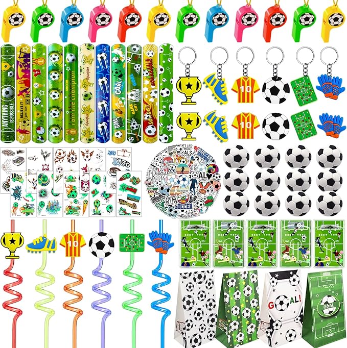 158 PCS Soccer Party Favors Set with Soccer Goodie Bags Soccer Slap Bracelets Soccer Straws Puzzle Tattoo Stickers Erasers Keychains Whistle Soccer Party Supplies Soccer Party Decorations