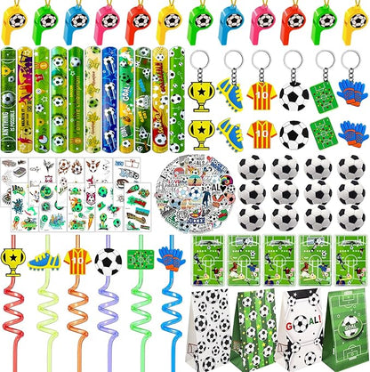 158 PCS Soccer Party Favors Set with Soccer Goodie Bags Soccer Slap Bracelets Soccer Straws Puzzle Tattoo Stickers Erasers Keychains Whistle Soccer Party Supplies Soccer Party Decorations