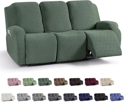 KinCam Recliner Covers, Stretch Reclining Chair Covers, Recliner Sofa Slipcovers Stripe Jacquard Recliner Couch Covers Furniture Protector Covers for Pet Kid (3 Seater, Greyish Green)