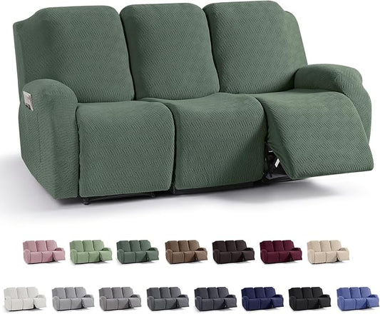 KinCam Recliner Covers, Stretch Reclining Chair Covers, Recliner Sofa Slipcovers Stripe Jacquard Recliner Couch Covers Furniture Protector Covers for Pet Kid (3 Seater, Greyish Green)