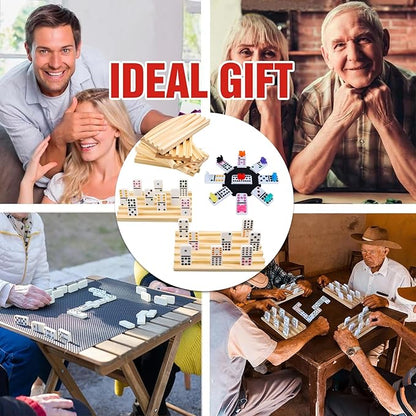 Mexican Train Dominoes Set, 91 Tiles Double 12 Game with 8 Wooden Racks/Trays, Tin Box, and Colorful Trains, Classic Domino Set, Perfect for Kids, Adults, and Families (D12 + 8 Holders)