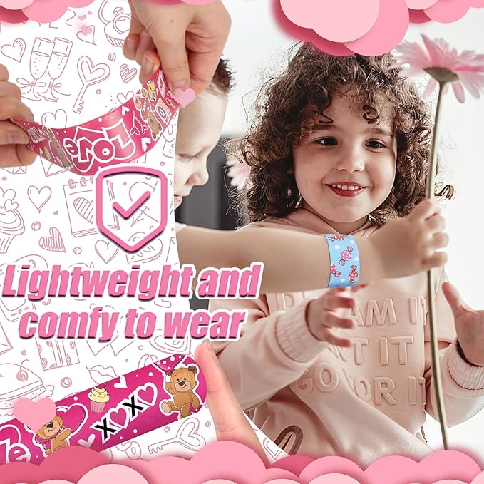 MCPINKY 64PCS Valentines Day Slap Bracelets, Slap Wristbands Assorted Red Valentines Day Snap Bands for Valentine's Day Party Favors Kids Class Rewards