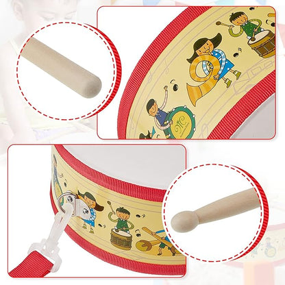 Kids Drum Set 7.87 in Wooden Toy Drum with Adjustable Strap 2 Drumsticks Educational Sensory Musical Instrument Set for Toddlers Kids Baby Toy Gift(Kids Style)