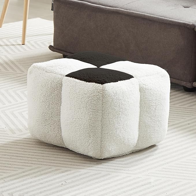 Louis Donné Ottoman Pouf White and Black Contrast Tidy Fabric Floor Chair - 17.7 * 17.7 * 15.7 Inch Squares, Soft Compressed Form Inside for Children and Ladies