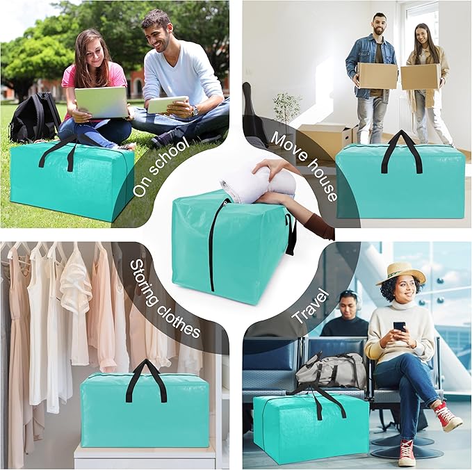VELVETSURE 6 Pack Heavy Duty Large Moving Bags W/Backpack Straps - Strong Handles & Zippers, Storage Totes For Space Saving, Fold Flat, Alternative to Moving Box and Storage Bin, Aquamarine