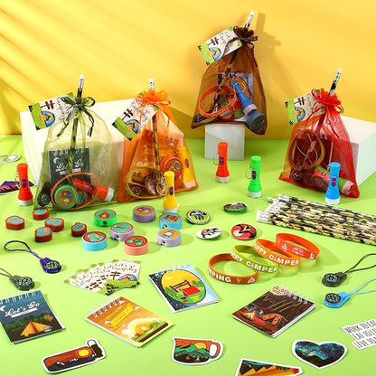 210 Pcs Camping Party Favors Camper Birthday Party Decoration Notepad Pencil Sharpener Eraser Badge Sticker Bracelet Compass Tag Keychain Flashlight Bag for Camping Theme Adventure Supplies