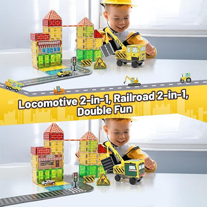 Magnetic Tiles Magnetic Building Blocks, Building Toys for Kids Ages 3-5 4-8 8-12 Toddlers STEM Preschool Toys Boys Toys, City Construction Toys Set with 2 Cranes Train Tracks Road Car