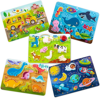 B. toys- Peek & Explore 5-Pack: Bus, Farm, Sea, Space, Dino- Chunky Puzzle 5-Pack – Wooden Puzzles– 8 Pieces Each – 2 Years +