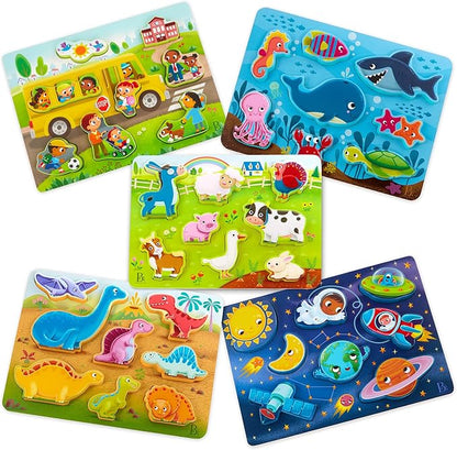 B. toys- Peek & Explore 5-Pack: Bus, Farm, Sea, Space, Dino- Chunky Puzzle 5-Pack – Wooden Puzzles– 8 Pieces Each – 2 Years +