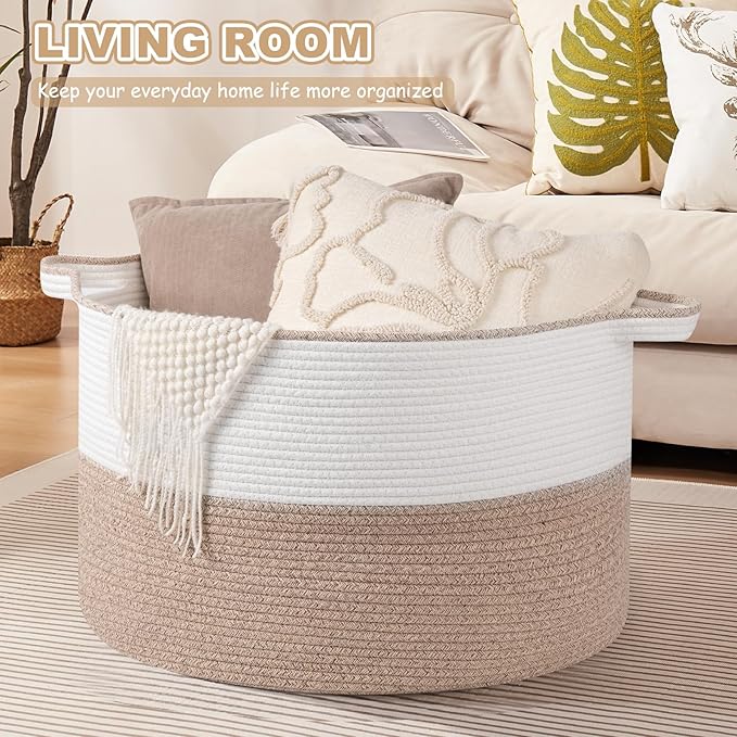 OIASKET XXL Large Blanket Basket with Handles, 105L Woven Storage Basket for Living Room, Cotton Rope Baby Toy Storage for Clothes, Pillows, Towels-Brown & White