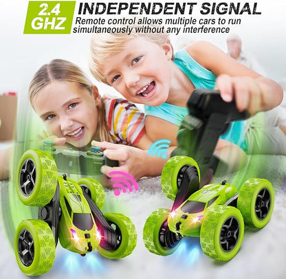 QUNREDA Remote Control Car for Kids Ages 6+, RC Cars Stunt Car Toy 4WD Double Sided 360° Rotating Remote Control with Headlights, Birthday Xmas Gifts for Boys 6 7 8 9 10 11 12 Green