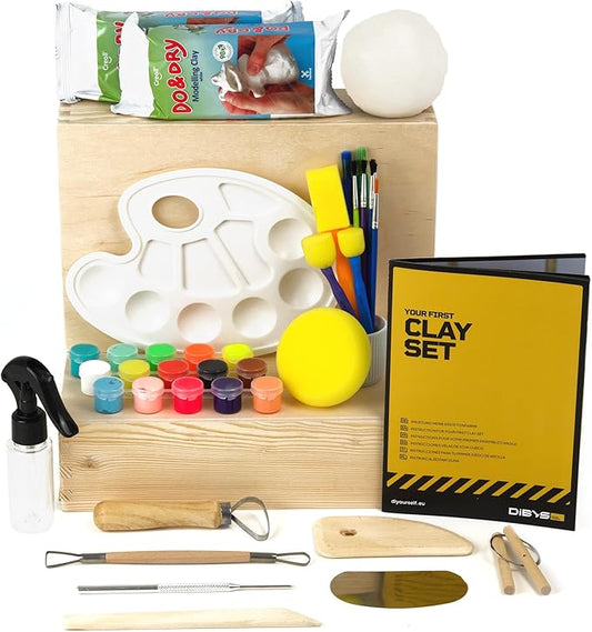 DIBYS at Home Pottery Kit for Adults & Kids | Air-Dry Clay Set with Sculpting Tools, Modeling Clay in White, Paints & Brushes | Creative DIY Kit for Kids & Adults | Arts & Crafts Gift Ideas