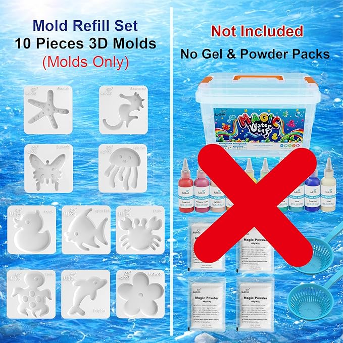 Kiditos Magic Water Elf Ocean & Nature Mold Set – 10 Reusable BPA Free Plastic Shapes for Creating Colorful Water Elves, STEM Craft Toy for Kids