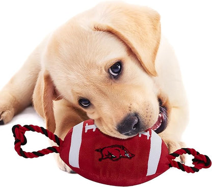 Pets First NCAA Arkansas Razorbacks Football Dog Toy, Tough Quality Nylon Materials, Strong Pull Ropes, Inner Squeaker, Collegiate Team Color