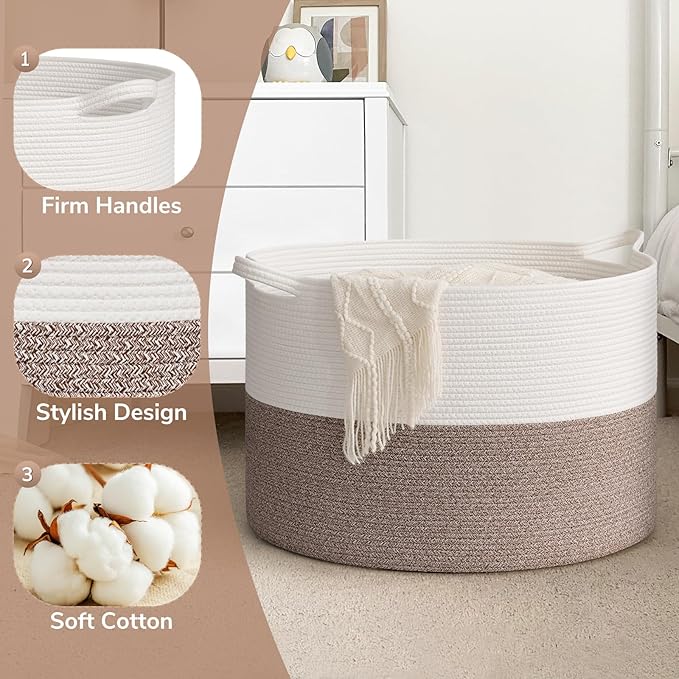 Goodpick 115L Extra Large Blanket Basket, 23.5"x23.5"x15.8" Woven Rope Basket for Storage, Kids Toy Storage for Nusery Room, Mele