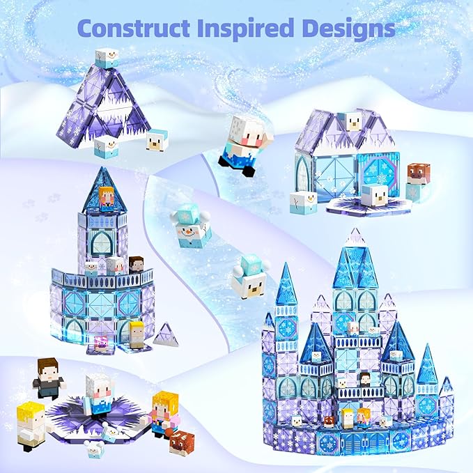 GobiDex 102PCS 2-in-1 Magnetic Tiles Blocks Frozen Toys for Girls, Princess Frozen Castle Magnet Building Blocks for Toddlers Kids, Build with MagWonder STEM Toys, 3+ Years Old Girls Birthday Gifts