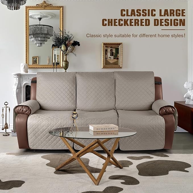 KinCam Waterproof Recliner Sofa Cover, Non-Slip Reclining Couch Covers for 3 Seat, Recliner Couch Cover Furniture Protector with Elastic Straps for Pets, Kids, Khaki