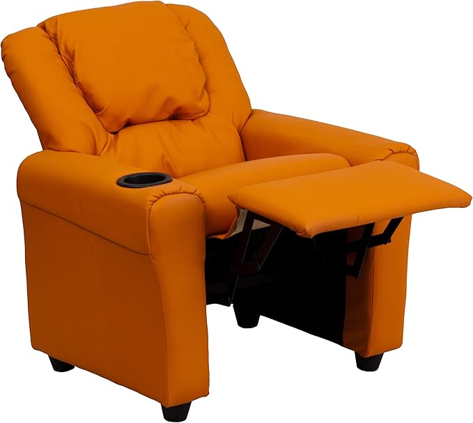 Flash Furniture Vana Vinyl Kids Recliner with Cup Holder, Headrest, and Safety Recline, Contemporary Reclining Chair for Kids, Supports up to 90 lbs., Orange