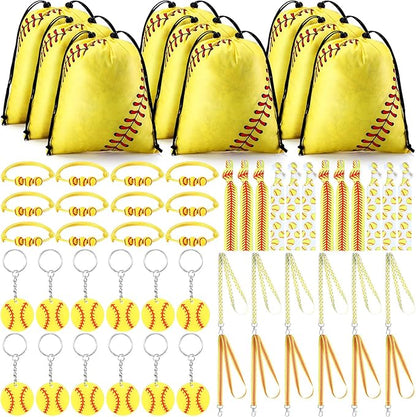 Abbylike 60 Pcs Softball Party Favors Set Softball Gifts for Girls 12 Softball Drawstring Bags 12 Softball Hair Ties 12 Softball Bracelets 12 Lanyards 12 Keychains for Sports Team Party Supplies