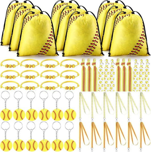 Abbylike 60 Pcs Softball Party Favors Set Softball Gifts for Girls 12 Softball Drawstring Bags 12 Softball Hair Ties 12 Softball Bracelets 12 Lanyards 12 Keychains for Sports Team Party Supplies
