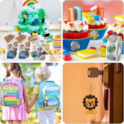 Fumete 121 Pcs Jungle Safari Party Favors Birthday Supplies for Boys Girls Include Jungle Animal Slap Bracelets Keychains Temporary Tattoos Animal Sticker Roll White Organza Bags and Thank You Tag
