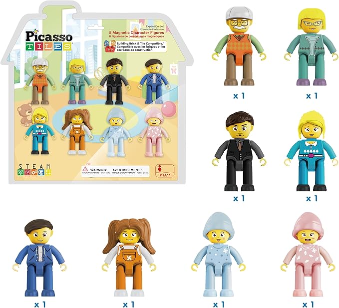 Picasso Toys Magnetic Action Figures 8 Piece Family Character for Construction Building Block Tiles Toddler Toy Set Magnet Expansion Variety Pack Educational STEM Learning Kit Pretend Playset PTA11