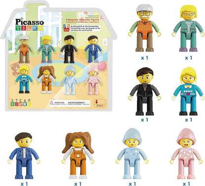 Picasso Toys Magnetic Action Figures 8 Piece Family Character for Construction Building Block Tiles Toddler Toy Set Magnet Expansion Variety Pack Educational STEM Learning Kit Pretend Playset PTA11