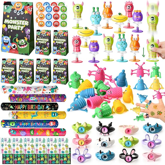 Monster Party Favors Birthday Supplies Gift Bags Finger Puppets Spring Launchers Toys Monster Big Eye Ring Slap Bracelets Tattoo Stickers Inc, Monster Party Decorations Birthday Favors for Kids