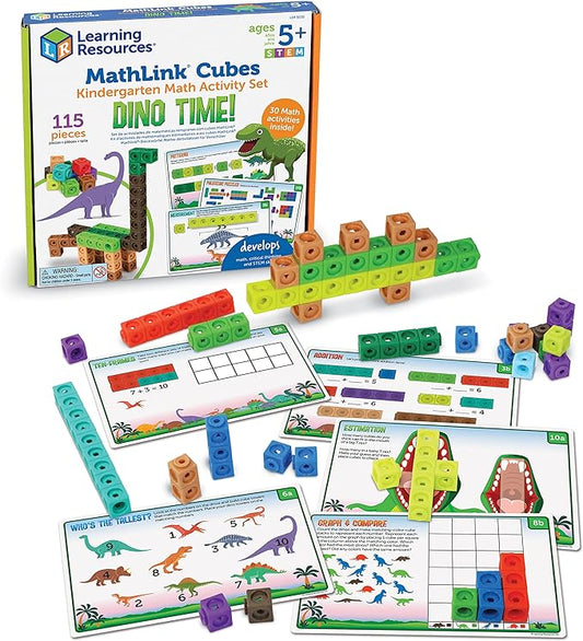 Learning Resources MathLink Cubes Kindergarten Math Activity Set: Dino Time! 115 Pieces, Ages 5+ Kindergarten STEM Activities, Math Games for Kids, Mathlink Cubes Activity Set, Ages 5+
