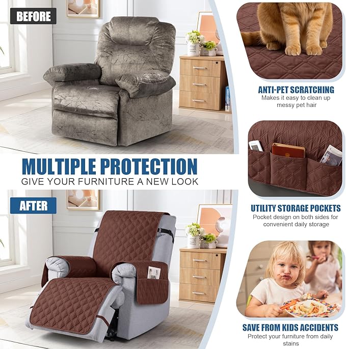 TAOCOCO 100% Waterproof Recliner Covers, Recliner Sofa Covers with Leg Straps, Reversible Recliner Couch Cover for Reclining Chair, Washable Couch Protector for Pets Kids(1 Seater 28", Coffee)