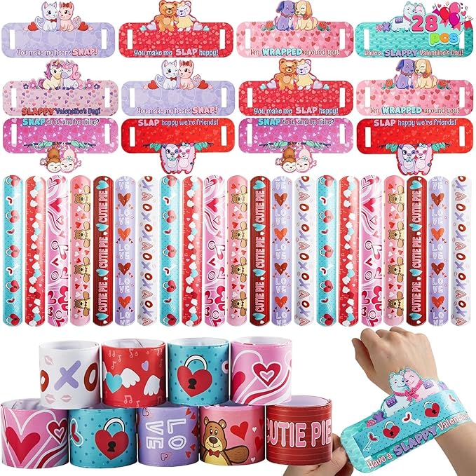 JOYIN 28 Valentine's Day Gifts Cards with Slap Bracelet, Animal Heart Snap Bracelet Wristband for Kids,Valentine's Party Favors, Valentine Classroom Exchange, Game Prizes