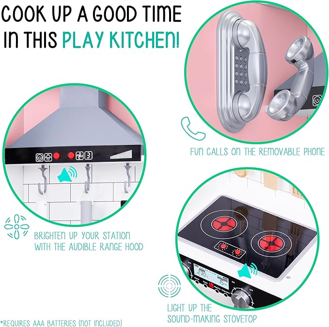 Lil’ Jumbl Kids Pink Kitchen Set, Pretend Wooden Play Kitchen, Battery Operated Icemaker, Microwave, Range Hood, Stove Top, Oven, with Realistic Sound & Lights, Pots, Pan, & Utensils Included