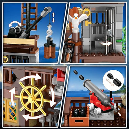 3 Style Pirate Ship Wharf Building Toy with LED Light - 781PCS Medieval Pirate's House Building Block Set, Architecture Bricks Kit for Kids Girls Boys Ages 6-12+ Birthday Gifts