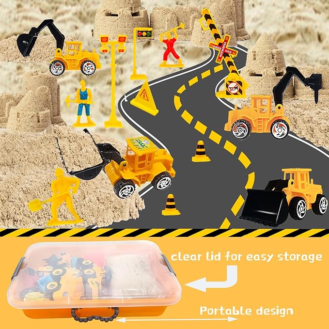34 PCS Play Sand Construction Sensory Bin Set,2.2 lbs Magical Sand,2 Take Apart 6 Undetachable Construction Trucks Toys,Castle Molds,Road Signs,Sensory Sandbox with Lid for Kids Boys Girls Aged 3+
